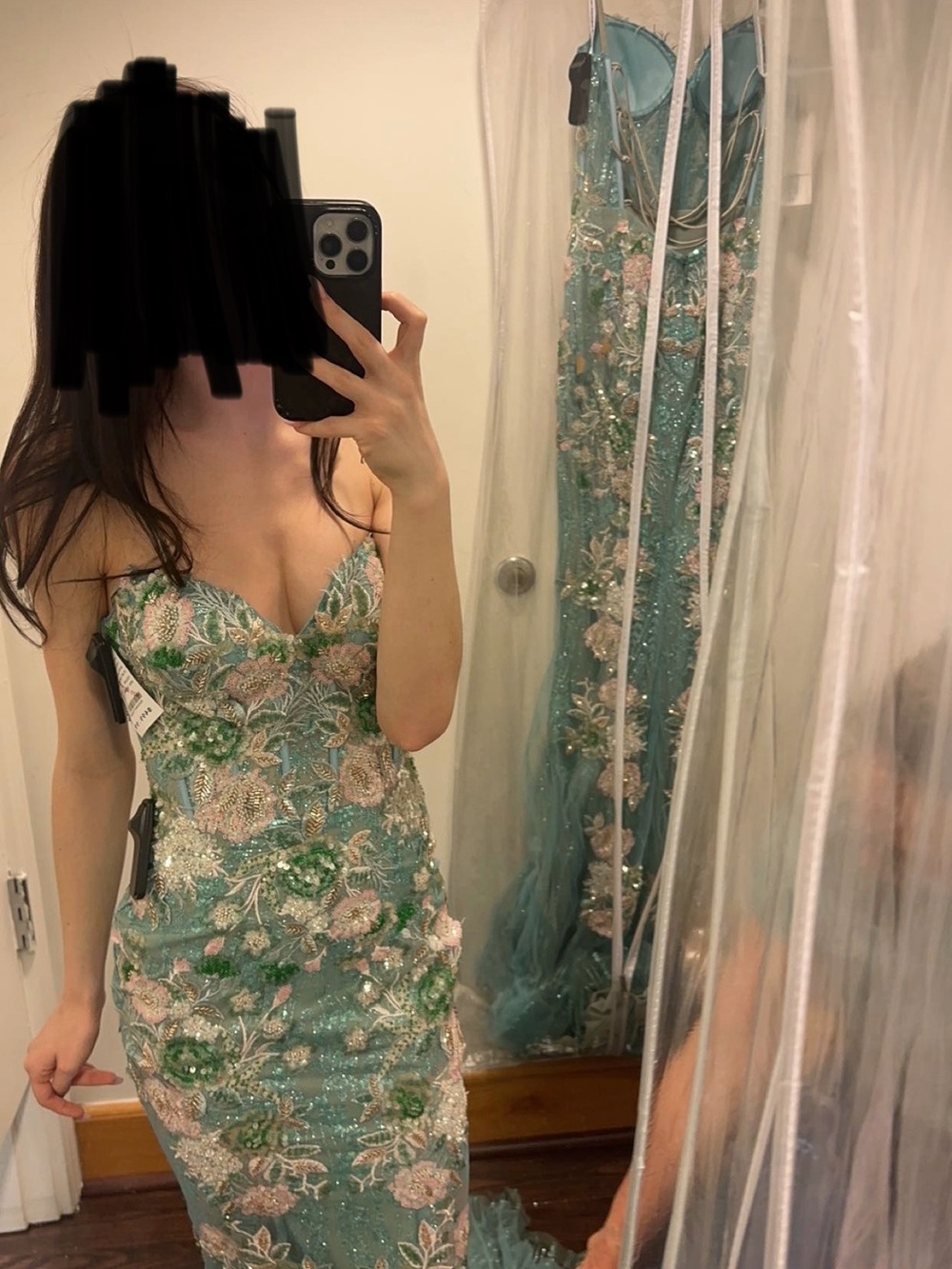 Sparkling Teal Floral Embroidered Prom Dress